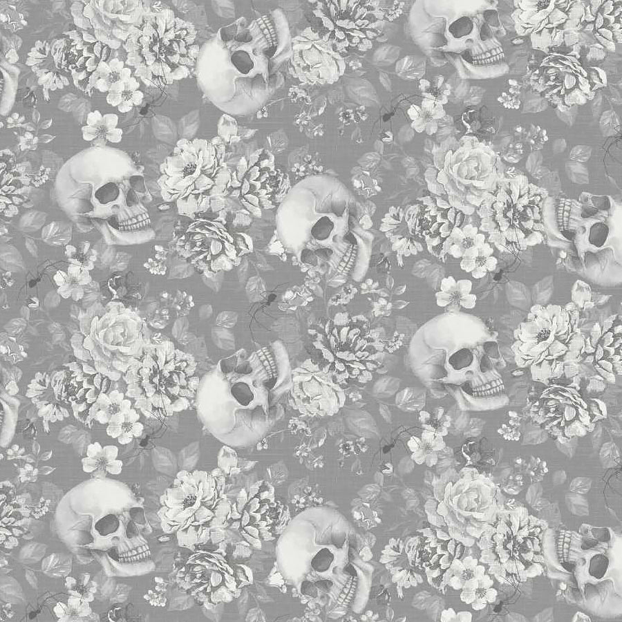 Pretty Scary Floral & Skull Toss Storm - Studio E from Fort Worth Fabric Studio