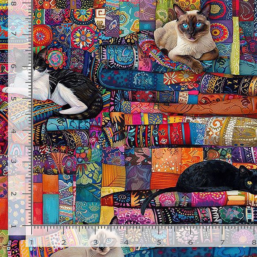 Purrfect Patchwork Cats on Quilts Multi - Timeless Treasures from Fort Worth Fabric Studio