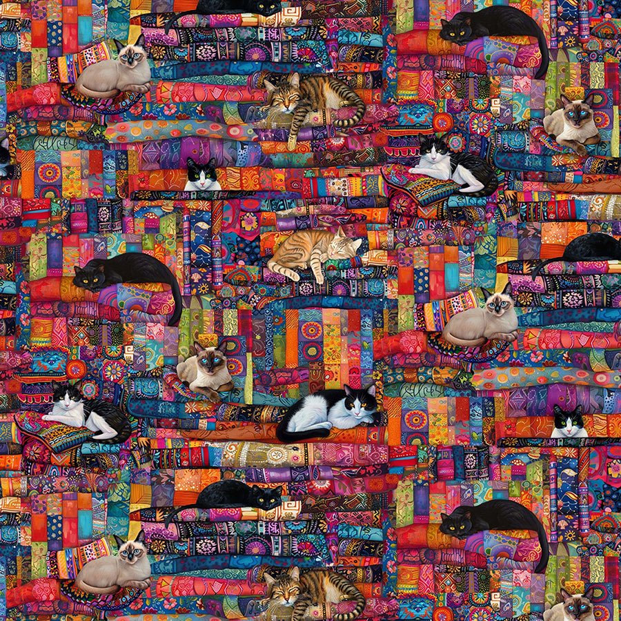 Purrfect Patchwork Cats on Quilts Multi - Timeless Treasures from Fort Worth Fabric Studio