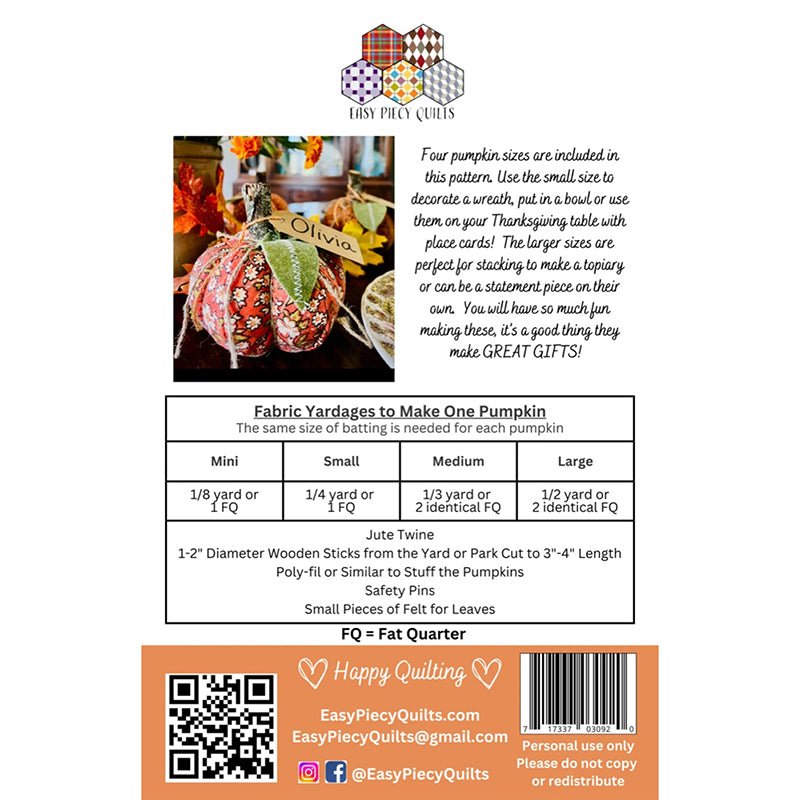 Quilted Pumpkins Pattern by Easy Piecy Quilts - Easy Piecy Quilts from Fort Worth Fabric Studio