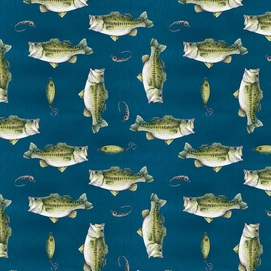 Reeled In Directional Fish Toss Blue – Remnant 9″ × 44″ - Wilmington Prints from Fort Worth Fabric Studio