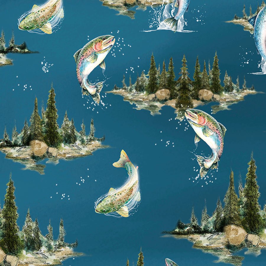 Reeled In Lake Scenic with Fish Blue - Wilmington Prints from Fort Worth Fabric Studio