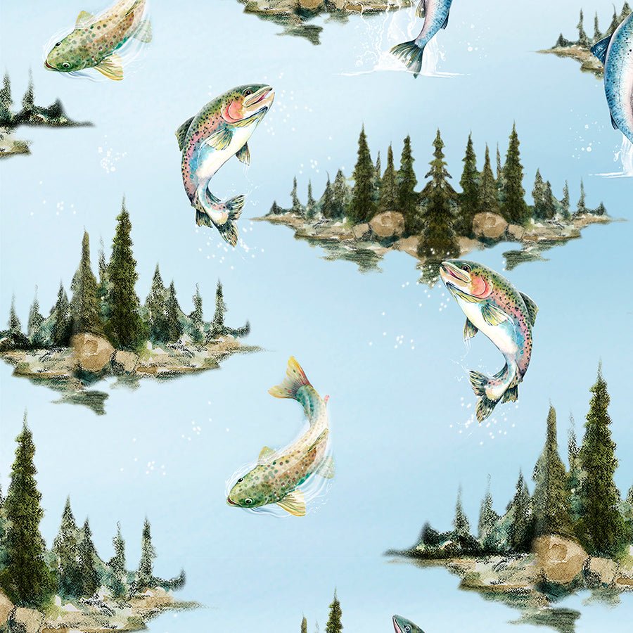 Reeled In Lake Scenic with Fish Light Blue - Wilmington Prints from Fort Worth Fabric Studio