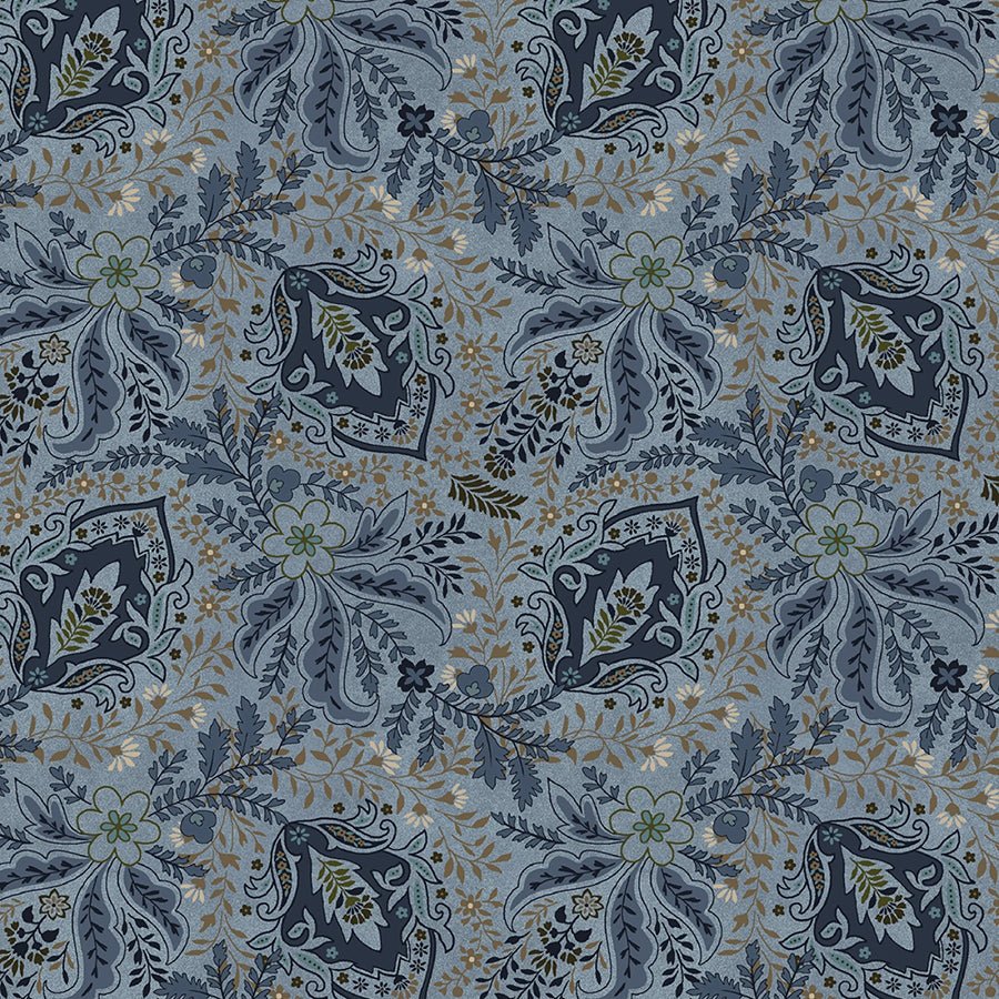 Return of the Blue Bird of Happiness Feathery Paisley Dark Blue - Henry Glass from Fort Worth Fabric Studio