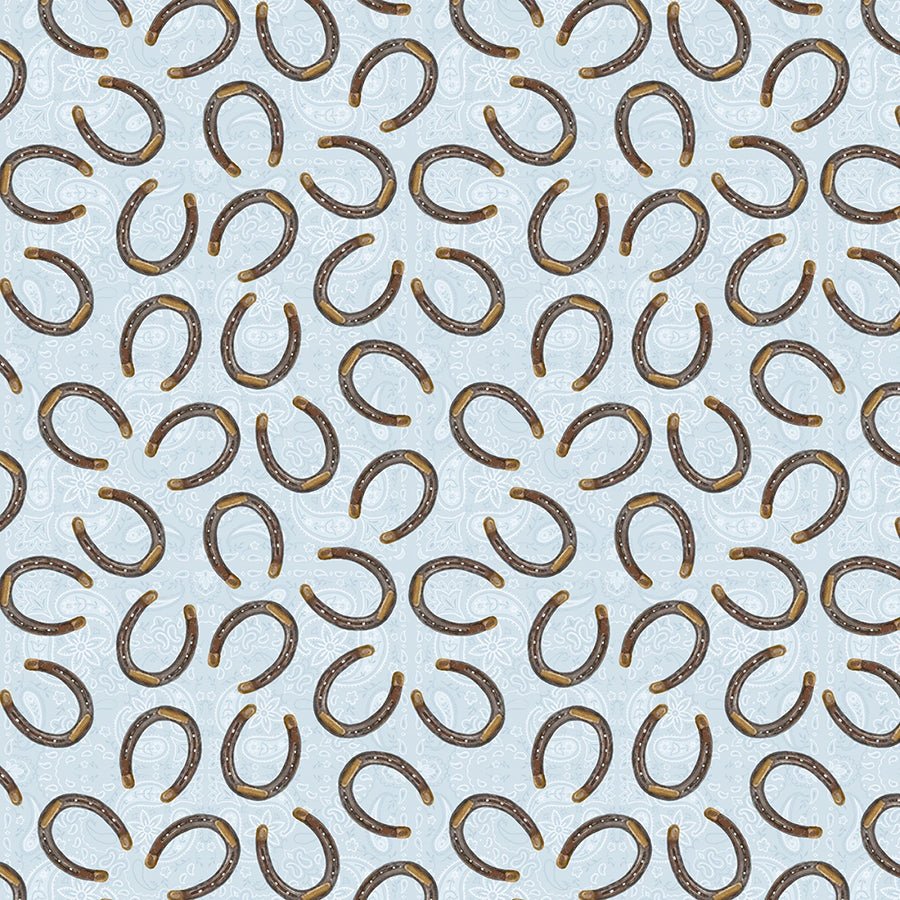 Riders on the Range Horseshoes Blue - Wilmington Prints from Fort Worth Fabric Studio