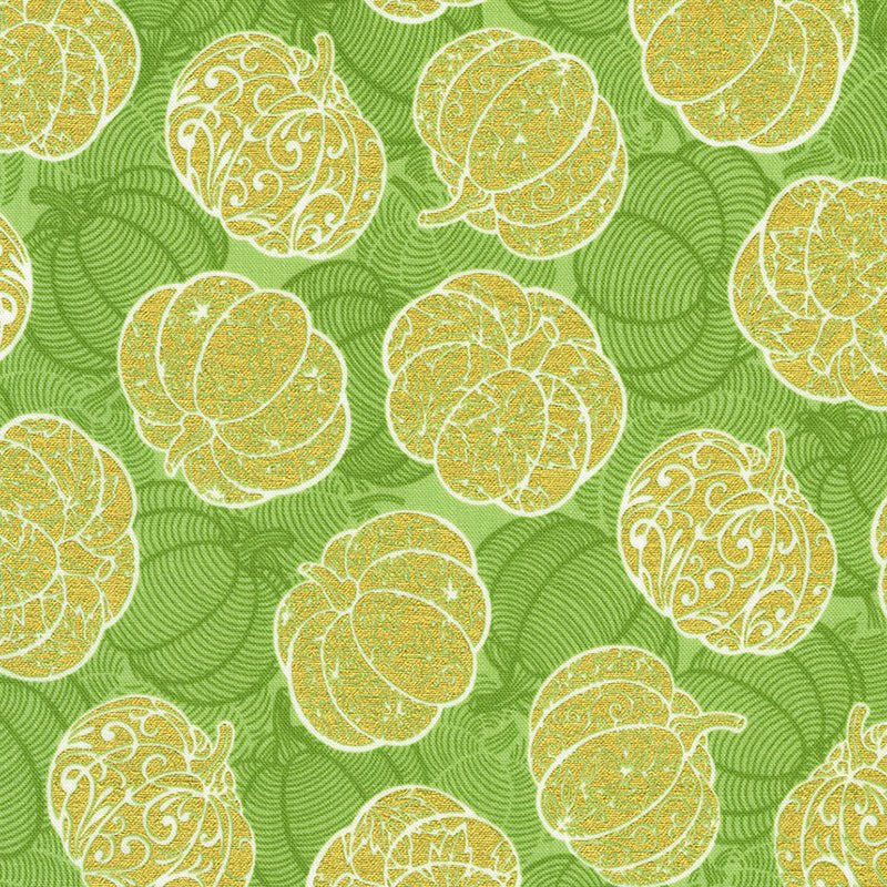 Robert Kaufman Sweet Pumpkin Spice Tossed Pumpkins Basil Metallic 1 Yard Cut - Robert Kaufman from Fort Worth Fabric Studio
