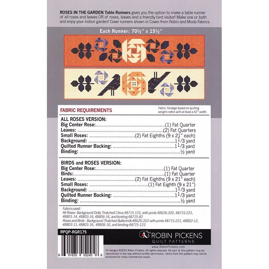 Roses in the Garden Table Runner Pattern by Robin Pickens - Robin Pickens from Fort Worth Fabric Studio