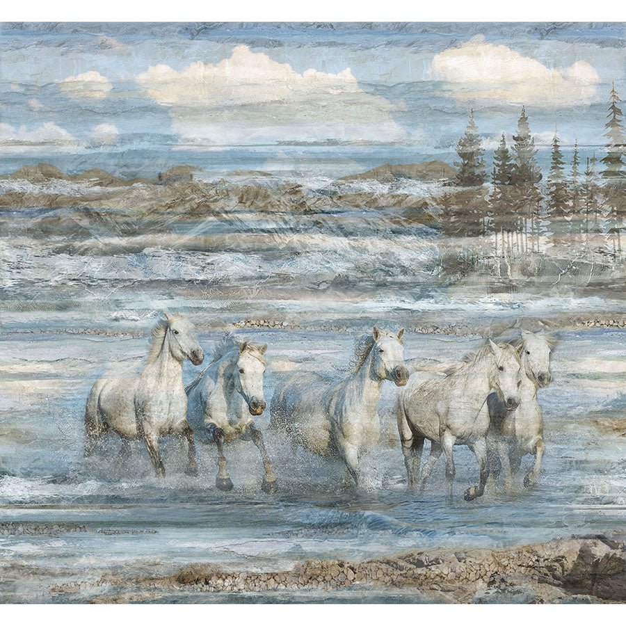 Running Free 40" Horse Panel Blue Multi - Northcott from Fort Worth Fabric Studio