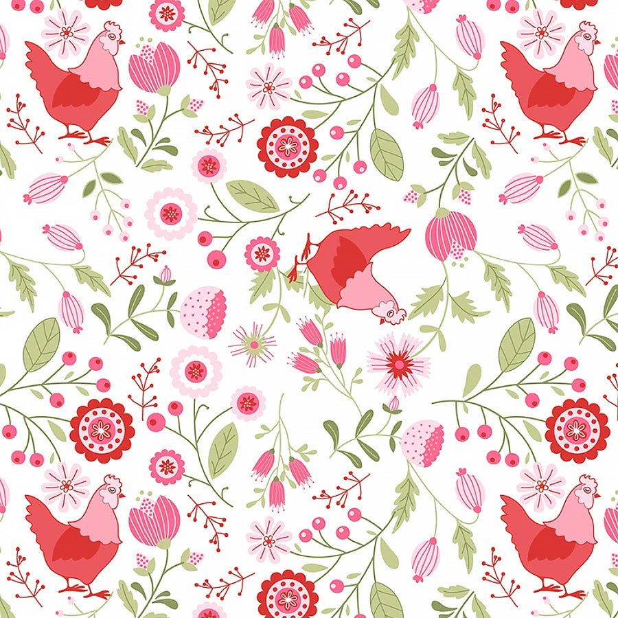 Smitten Chicken Main White - Poppie Cotton from Fort Worth Fabric Studio