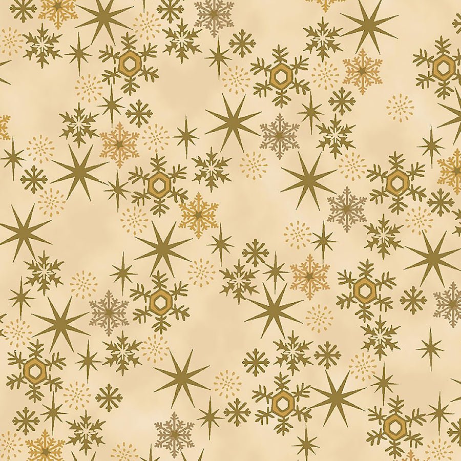 Snow Crystals Snowflakes & Stars Beige/Gold Metallic - Stof of Denmark from Fort Worth Fabric Studio