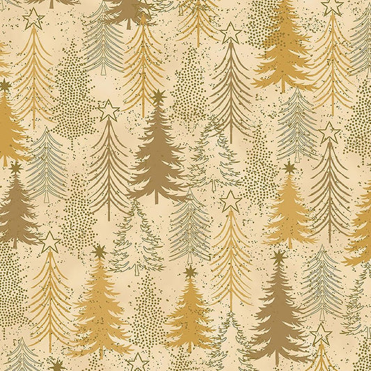 Snow Crystals Trees Beige/Gold Metallic - Stof of Denmark from Fort Worth Fabric Studio