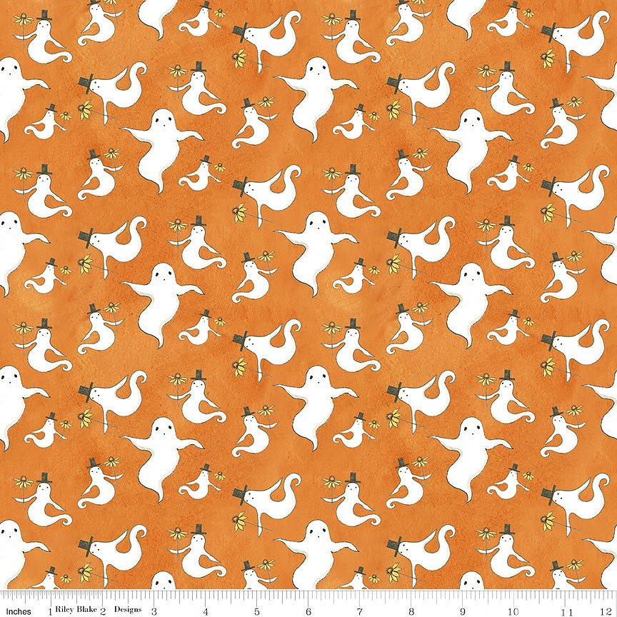 Spooky Ghosts Orange - Riley Blake from Fort Worth Fabric Studio