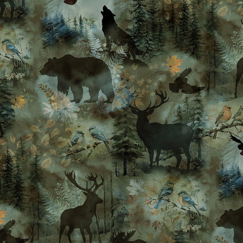 Stag and Stone Wildlife Silhouette Verde – Remnant 34″ × 44″ - Hoffman from Fort Worth Fabric Studio
