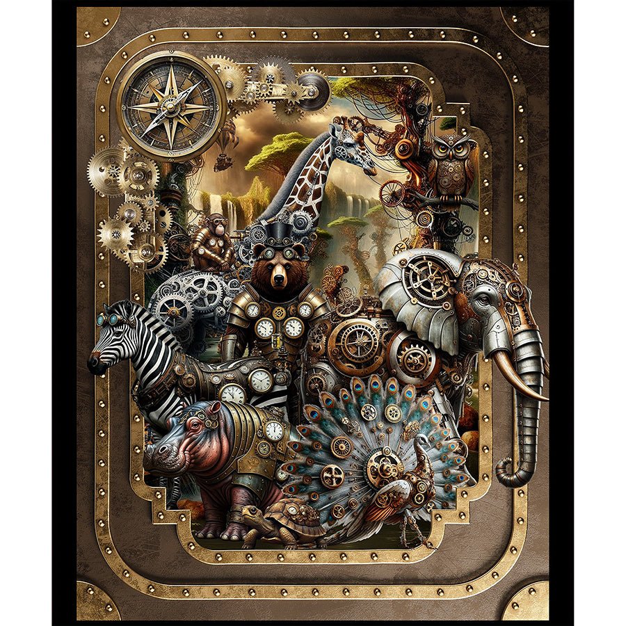 Steampunk Menagerie 36" Panel Multi - In the Beginning from Fort Worth Fabric Studio