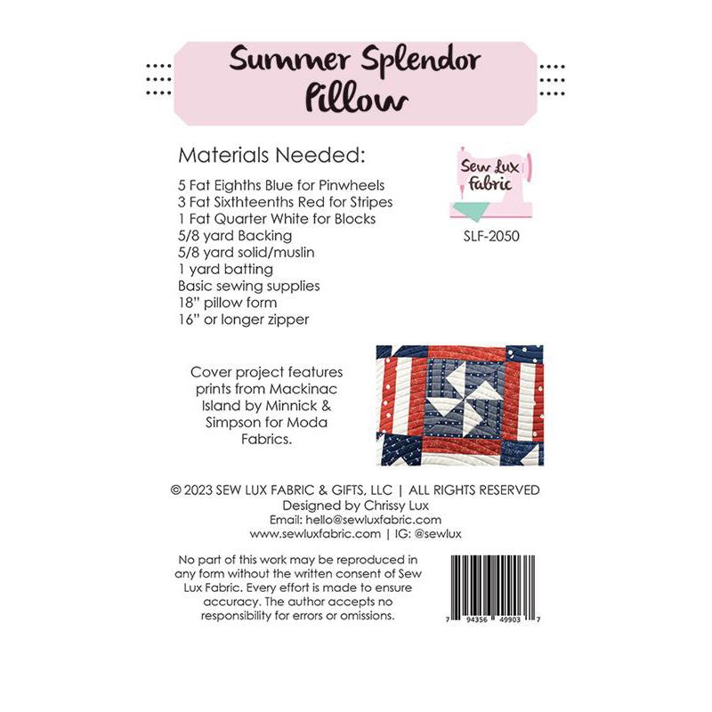 Summer Splendor Pillow Pattern - Sew Lux Fabric from Fort Worth Fabric Studio