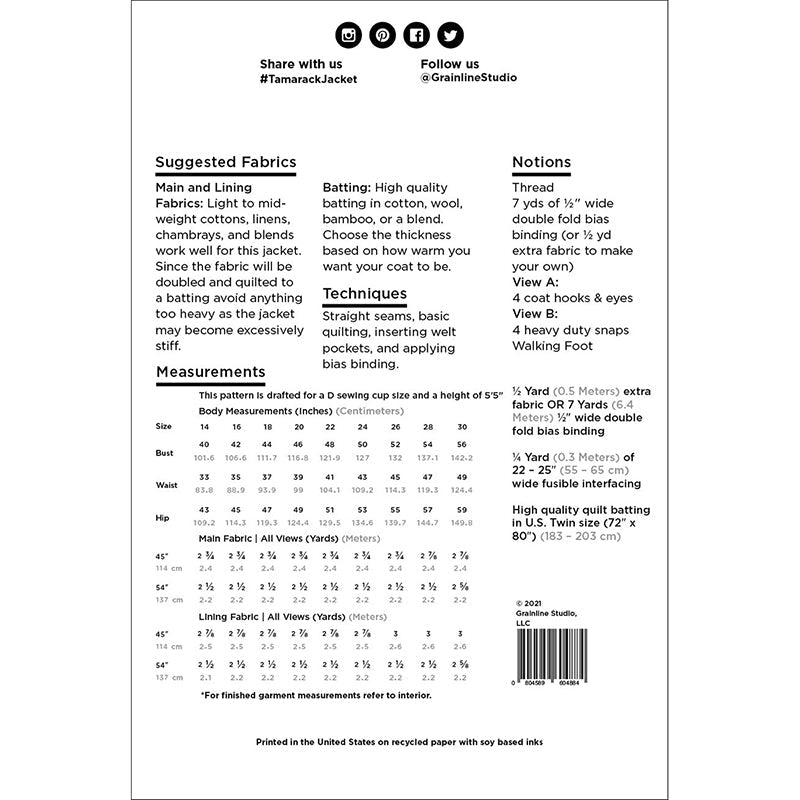 Tamarack Jacket Pattern Sizes 14 - 32 from Grainline Studio - Grainline Studio from Fort Worth Fabric Studio