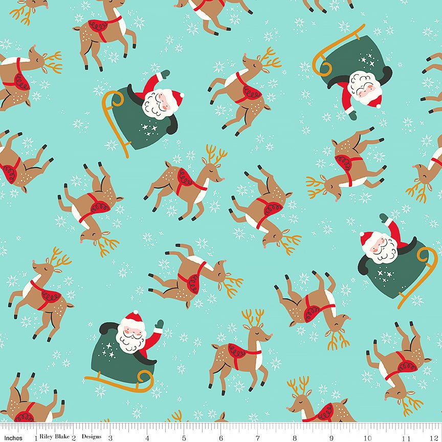 The North Pole Flannel Reindeer Toss Aqua - Riley Blake from Fort Worth Fabric Studio