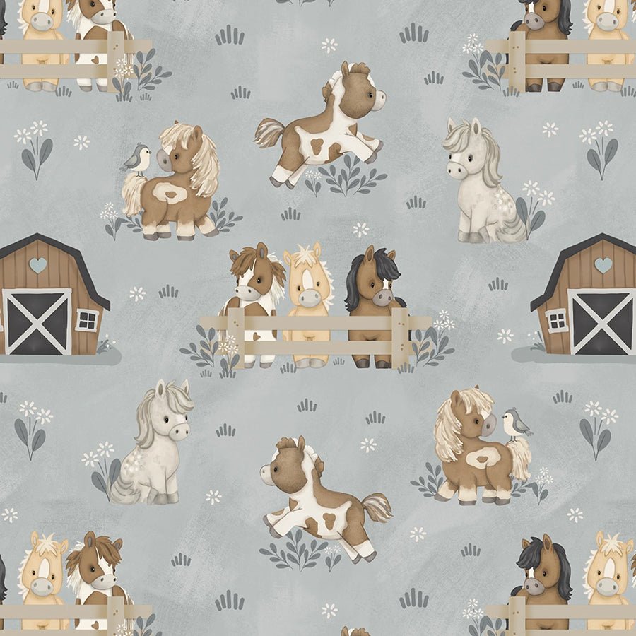 Tiny Trots Ponies in Pasture Gray - Henry Glass from Fort Worth Fabric Studio