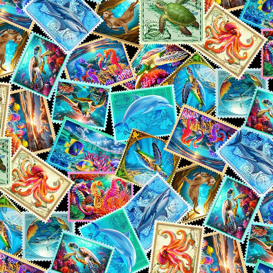 Underwater Paradise Sea Life Stamps Multi - Timeless Treasures from Fort Worth Fabric Studio