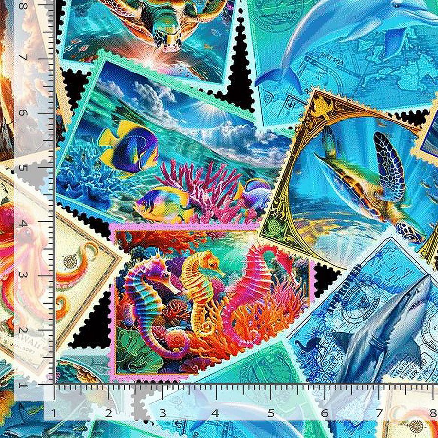 Underwater Paradise Sea Life Stamps Multi - Timeless Treasures from Fort Worth Fabric Studio