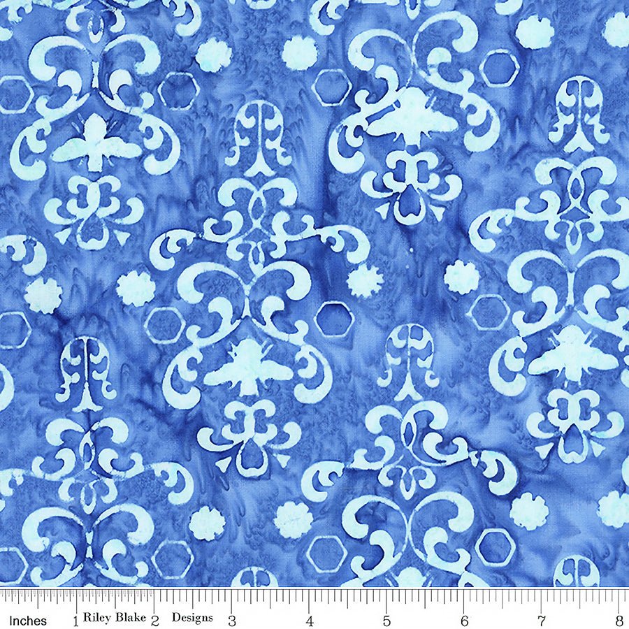 Watercolor Daisies Batiks Damask Ocean Blue - Riley Blake from Fort Worth Fabric Studio