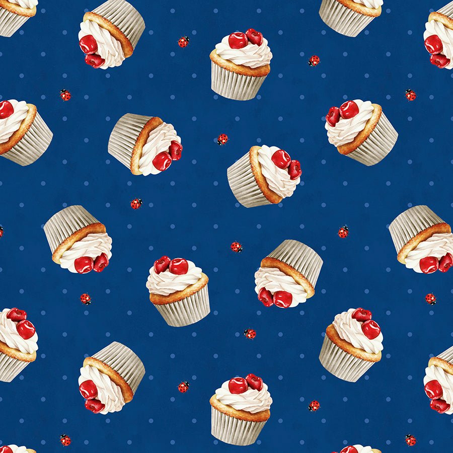 Wilmington Sweet Cherry Cupcake Toss Navy 1 Yard Cut - Wilmington Prints from Fort Worth Fabric Studio
