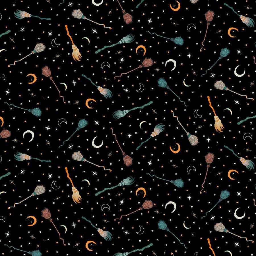 Witchy Wicked Broomsticks Black - Blank Quilting from Fort Worth Fabric Studio