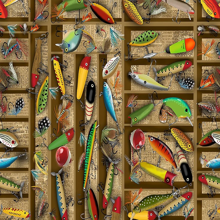 Woodland Retreat Tackle Box Lures Multi - Timeless Treasures from Fort Worth Fabric Studio